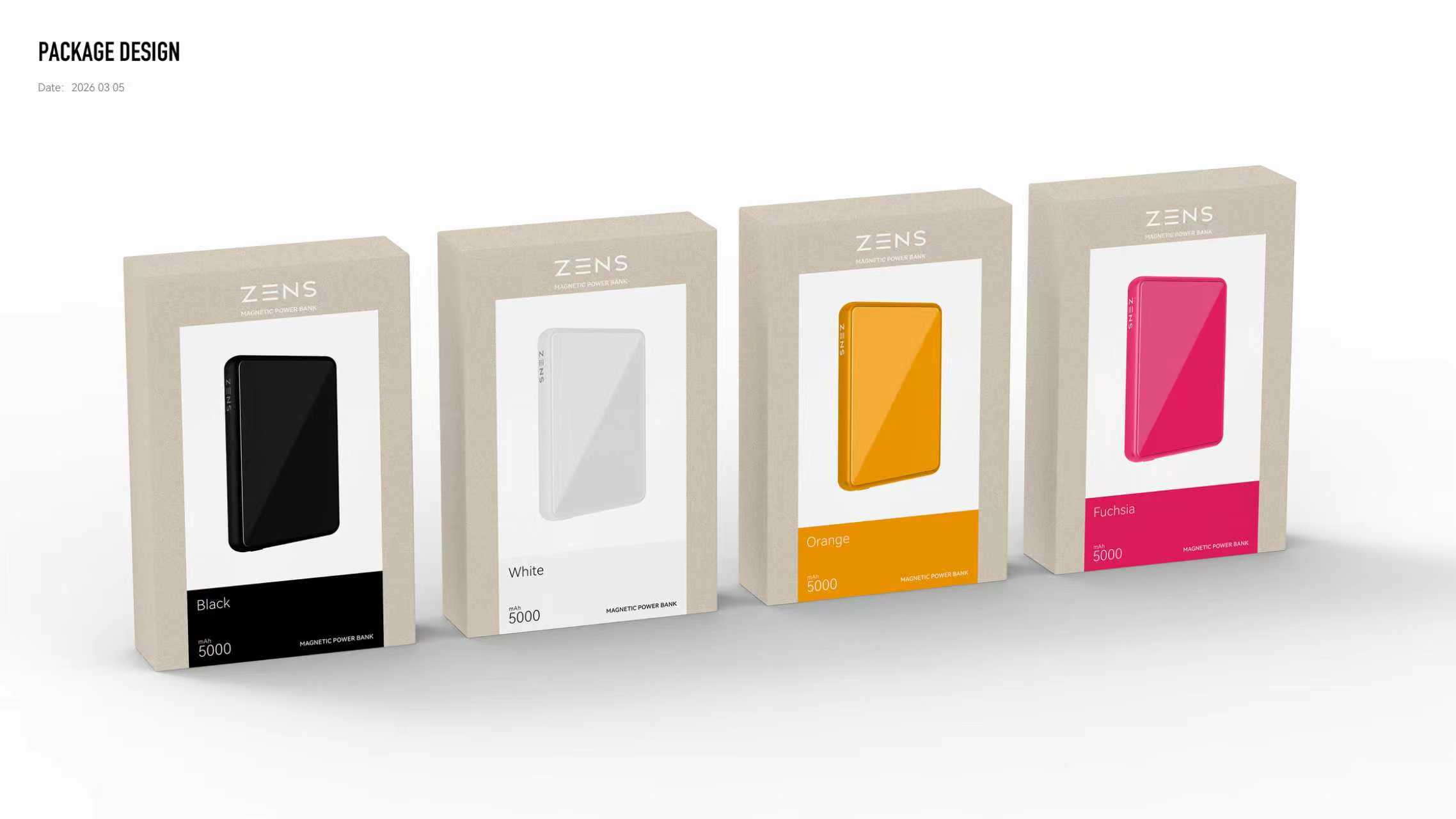単色のZENSマグネット式モバイルバッテリー4色のパッケージ案