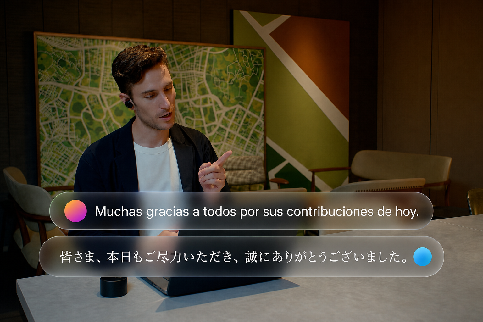 ZENSBUDS AIの使用イメージ。黒いイヤホンを着けてノートパソコンで通話する男性と、スペイン語・日本語の会話字幕